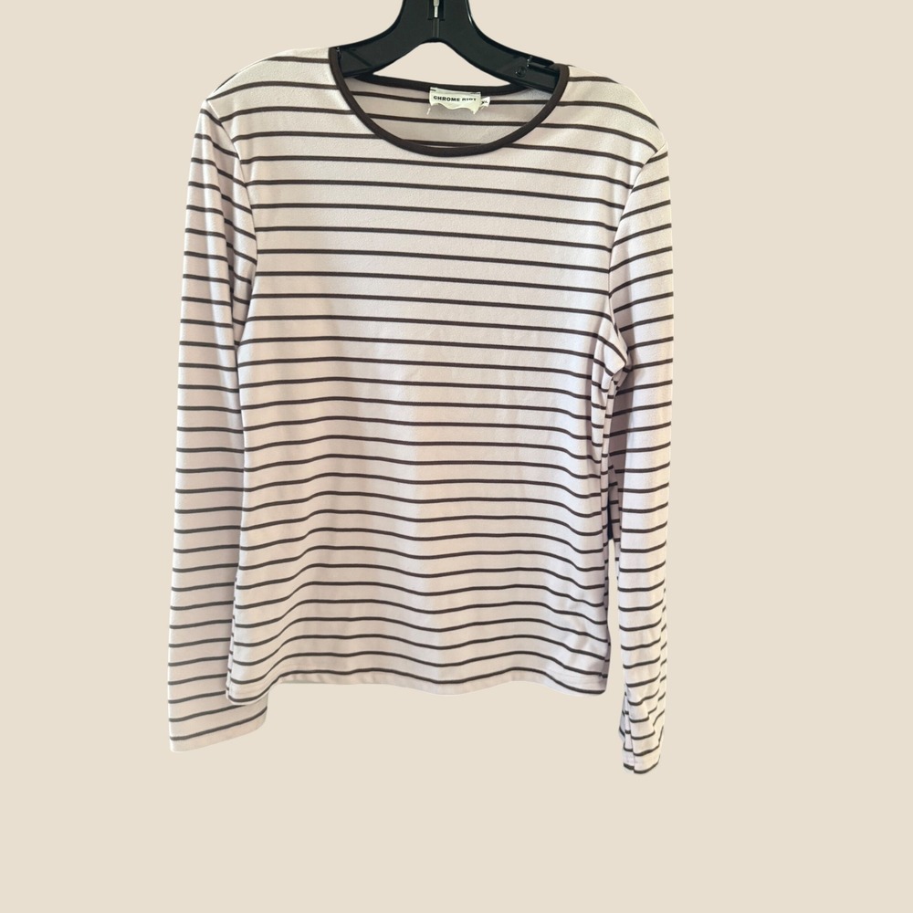 Chrome Riot Womens XL Long Sleeve Striped Top Pink Brown Crew Neck Stretch Shirt